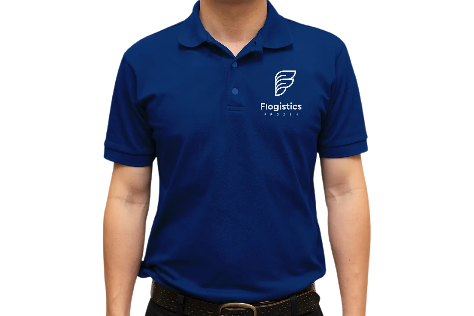 Navy company polo shirt with the F Logistics logo on the chest